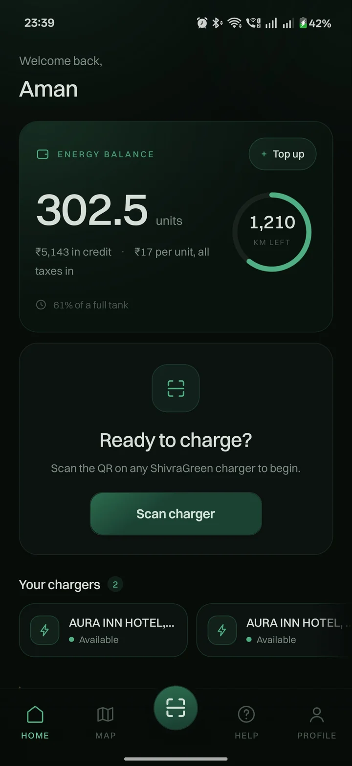 ShivraGreen app home screen showing energy balance and range