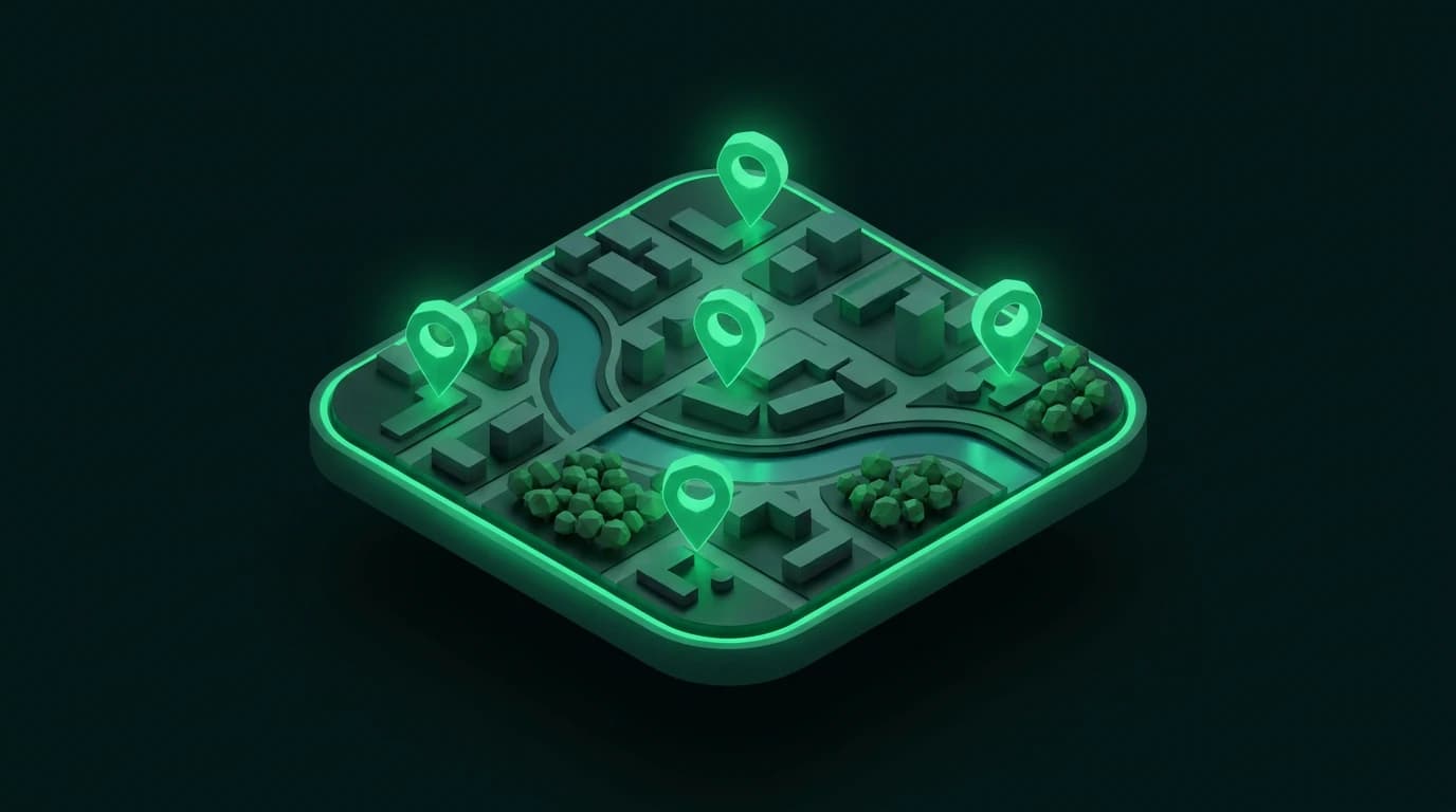 Isometric map with glowing pins marking ShivraGreen charging stations across a district