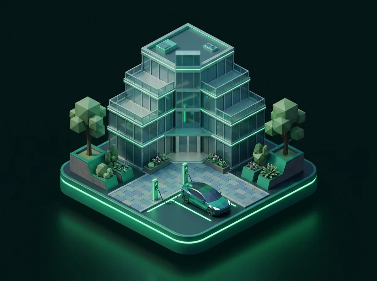 Isometric illustration of a glass commercial building with ShivraGreen chargers out front